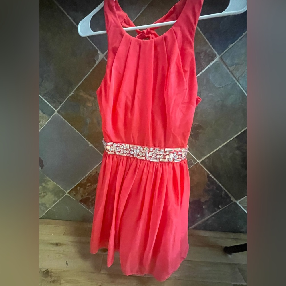B Darlin Salmon Pink Backless Cocktail Dress with Sequin Belt